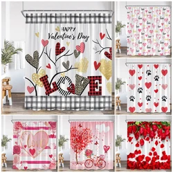 Valentine's Day Shower Curtain Red Heart Rose Flowers Bicycle Petals Lovers Gift Fabric Home Bathroom Curtains Decor With Hooks