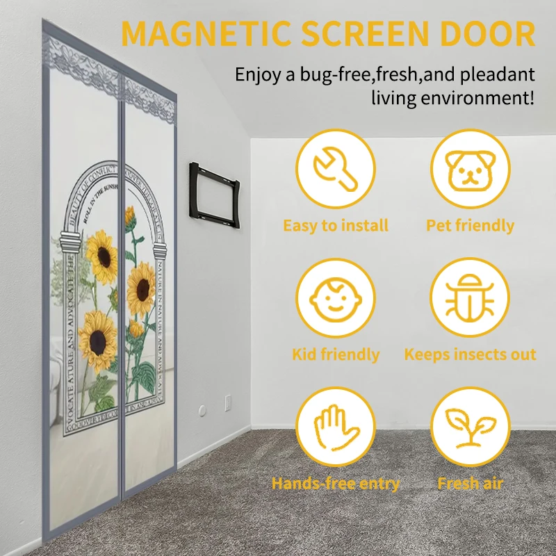 Gray Diamond Mesh Anti Mosquito Curtains Sunflower Embroidery Self Adhesive Magnetic Adsorption Magnetic No Punch Suitable