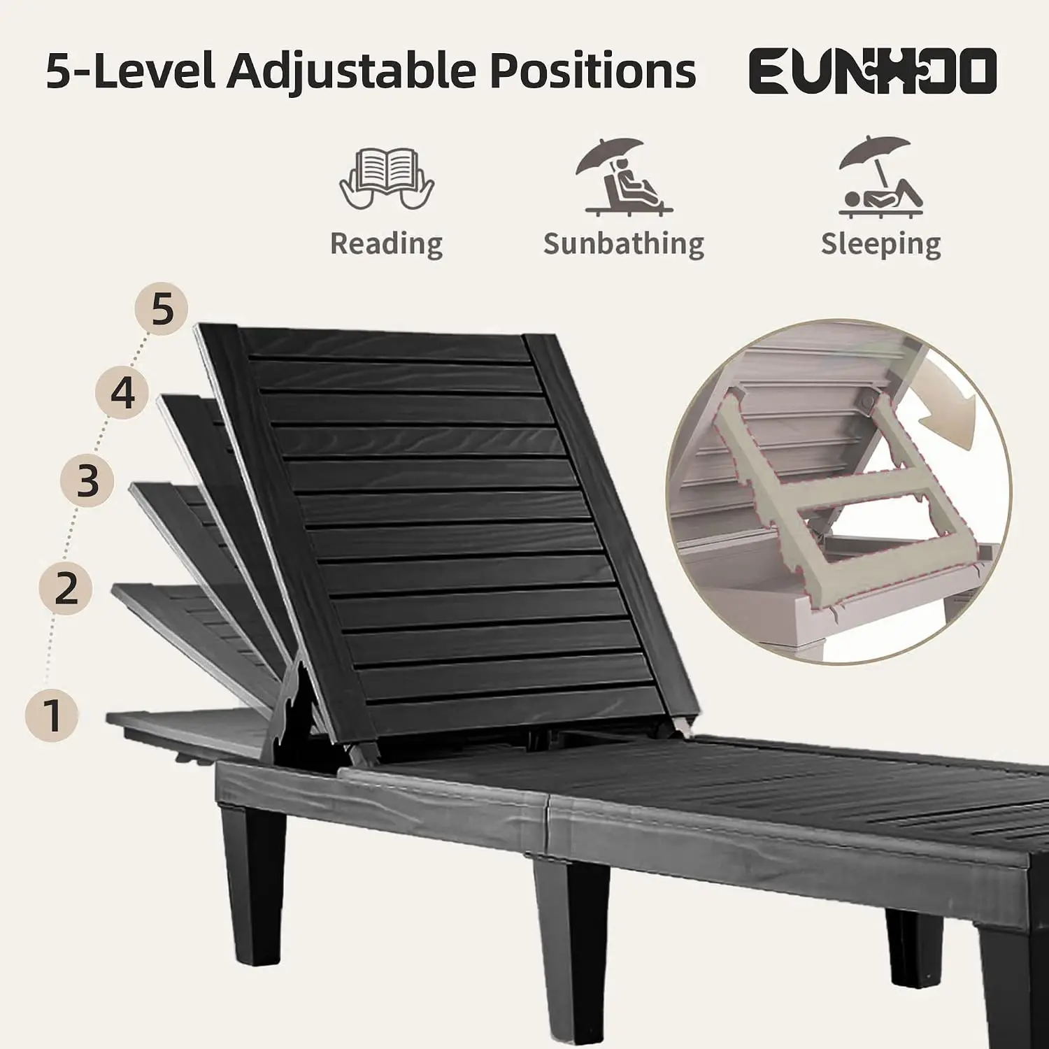 Outdoor Chaise Lounge Set 4, Adjustable Pool Chair 5-Position Backrest, Waterproof Lounger Garden Beach Patio, Black, Customized