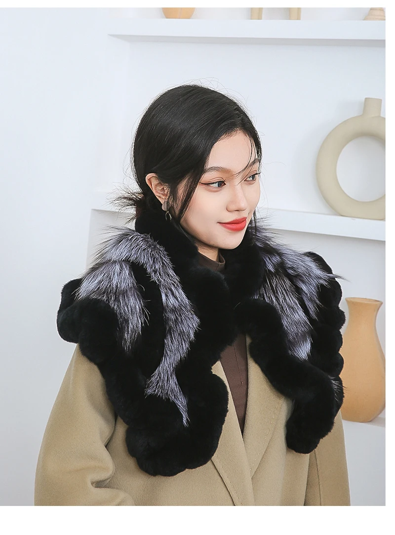 Neuer Damen-Winterschal aus echtem Rex-Kaninchenfell, Warmer Weicher Silberfuchs-Fellschal, Modischer Damen-Poncho aus 100% Echtem Rex-Kaninchenfell – Detail 10