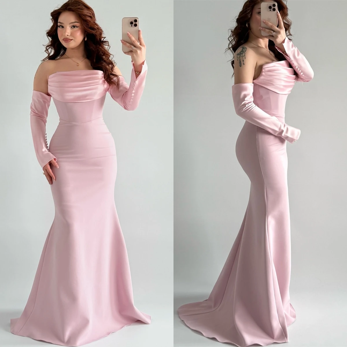 Aangepaste eenvoudige roze jersey avondjurk elegante boothals lange mouwen celebrity jassen delicate zeemeermin knoppen feestjurk