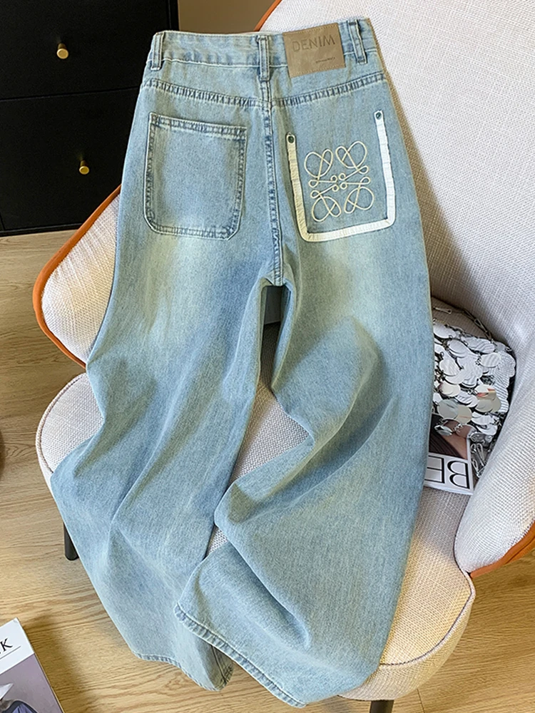 

Summer 2024 Women's Light Wa Wide Leg Straight Cut Jeans High Waist Nine Point High Waist Cotton Blend Denim Trousers