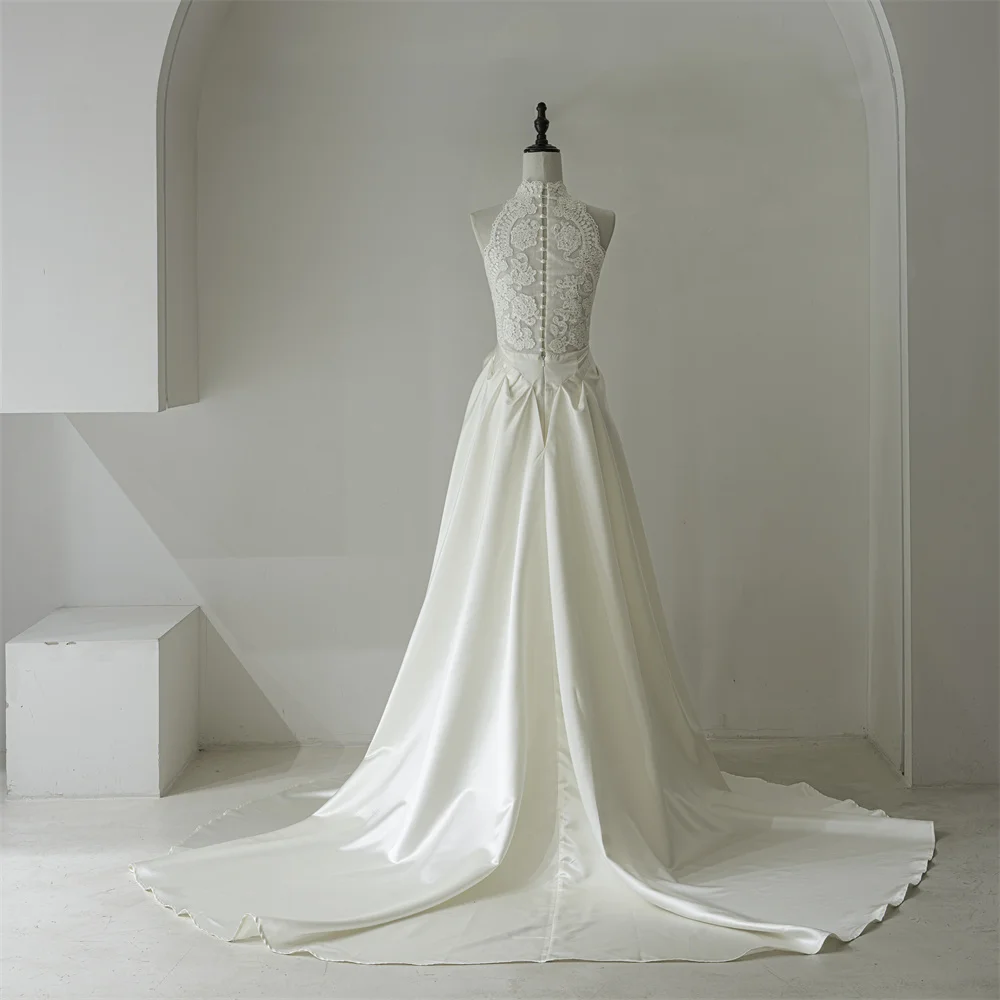 Popular Design Exquisite Wedding Gown For Bride 2024 A-line High Neck Wedding Dress Lace Button vestito da sposa QD06305