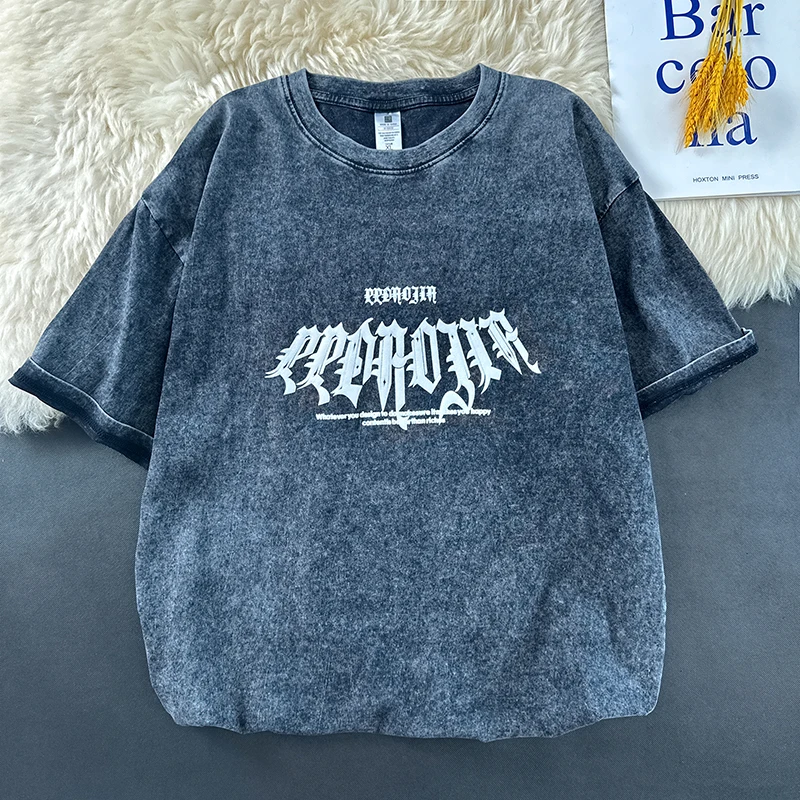 Washed T-shirt Men Gothic Style Printed T-Shirt Large Size Loose Unisex Tshirts Summer Casual Round Neck Short Sleeve Tops