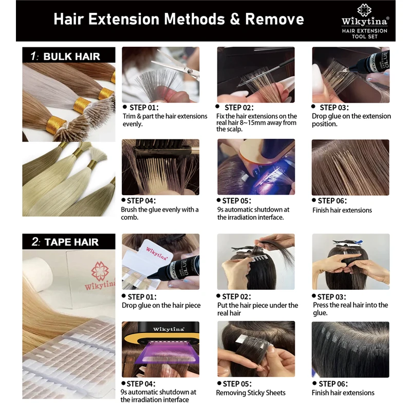 مجموعة وصلات الشعر المضيئة بالأشعة فوق البنفسجية على شكل حرف V من كومبو، مجموعة أدوات ويكيتينا، آلة إزالة الغراء بالأشعة فوق البنفسجية تدوم طويلاً - أدوات تصفيف الصالون غير مرئية