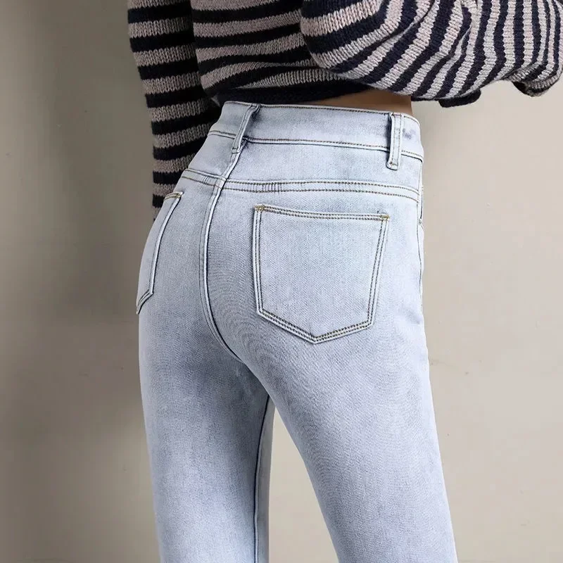 2024 slim Stretch jean High waist plus velvet Winter jeans women Korean Thick warm casual skinny pencil denim Ankle-Length Pants