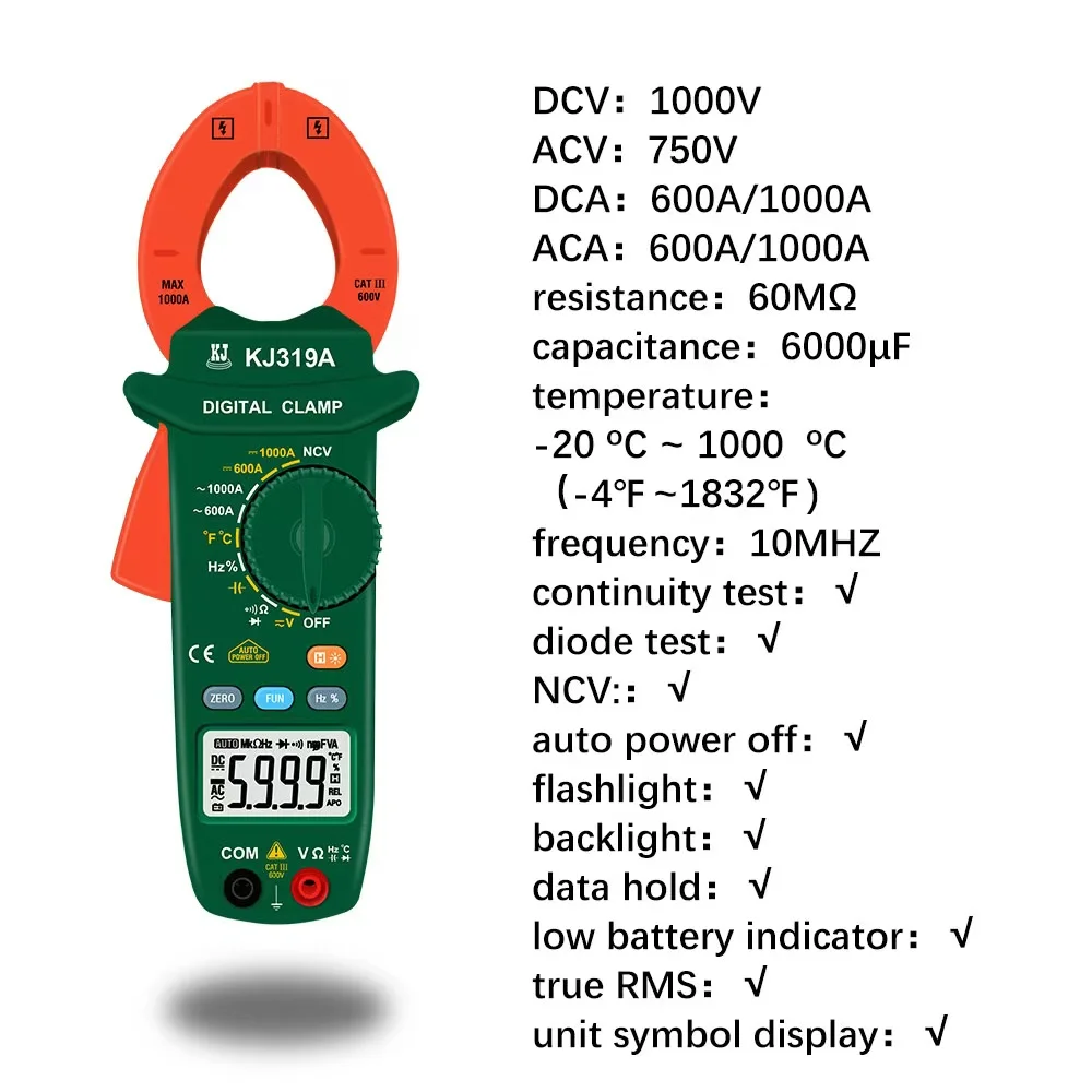 KJ319A 1000V Clamp Meter TRUE RMS High-Precision AC / DC Digital 600A / 1000A