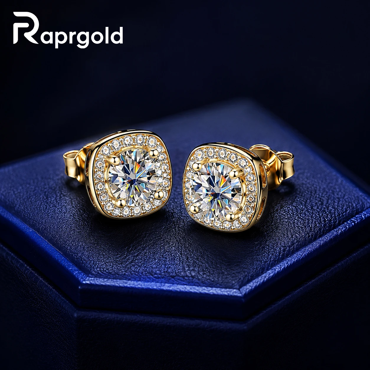 RAPRGOLD 6.5mm Round Moissanite Stud Earrings for Women 14K Gold Plated Classic Square Halo Bridal Wedding Jewelry Perfect Gifts