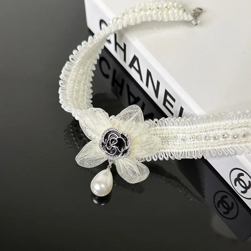 Diamond-set flower fabric pearl necklace, sweet versatile water drop pendant, cute choker collarbone chain, neck chain, neck jew