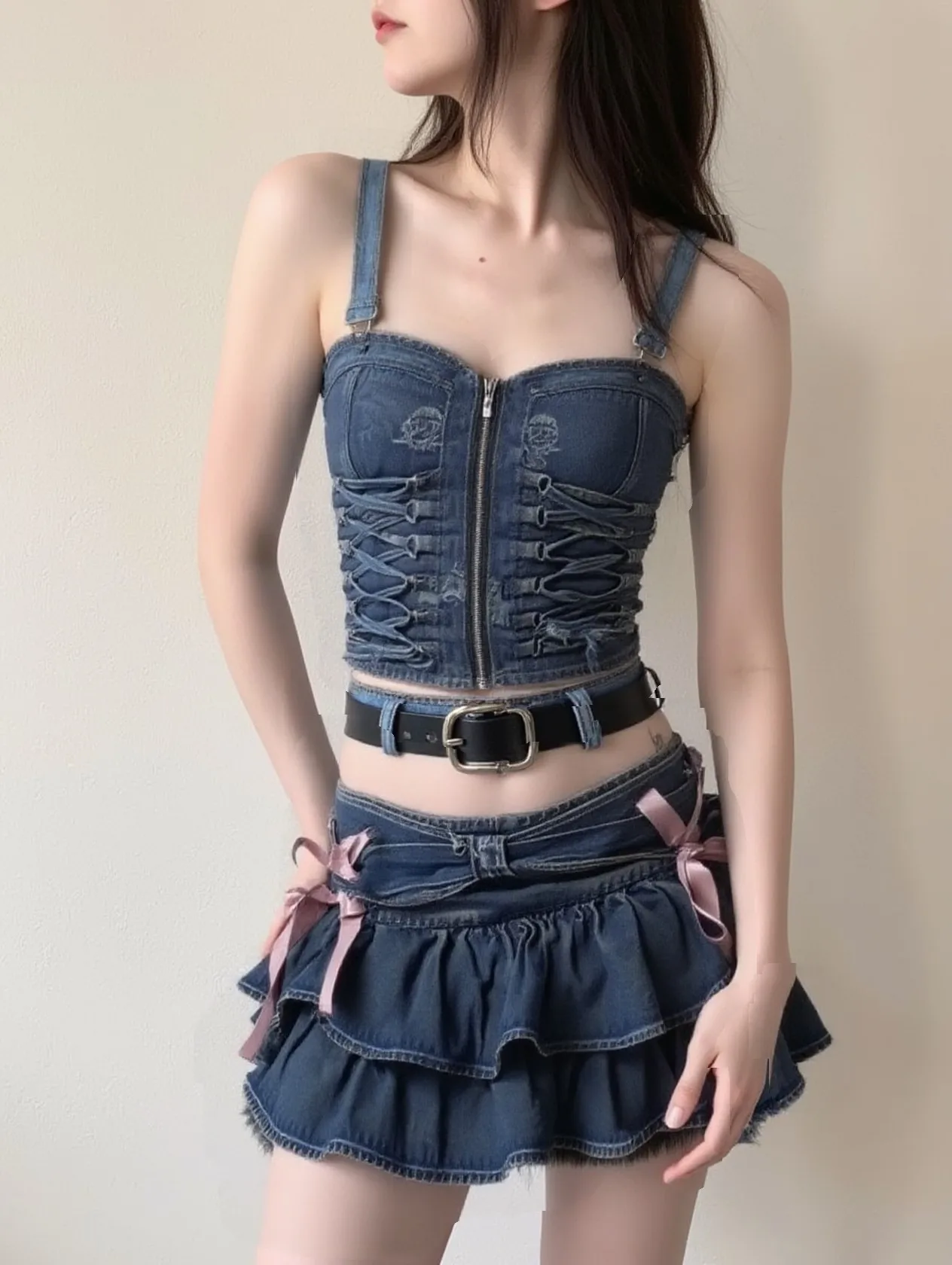 

Джинсовая мини-юбка в корейском стиле, летняя трапециевидная юбка на шнуровке с бантом, милая талия для девочек, шикарная универсальная милая повседневная юбка для колледжа Y2K