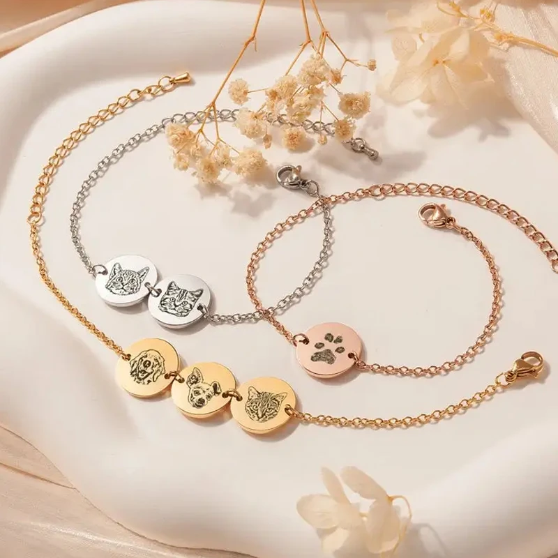 Custom Pet Bracelet Dog Portrait Bracelet Stainless Steel Engrave Cat Portrait Cat Paw Print Pet Jewelry Pet Loss Gift Pet Gifts
