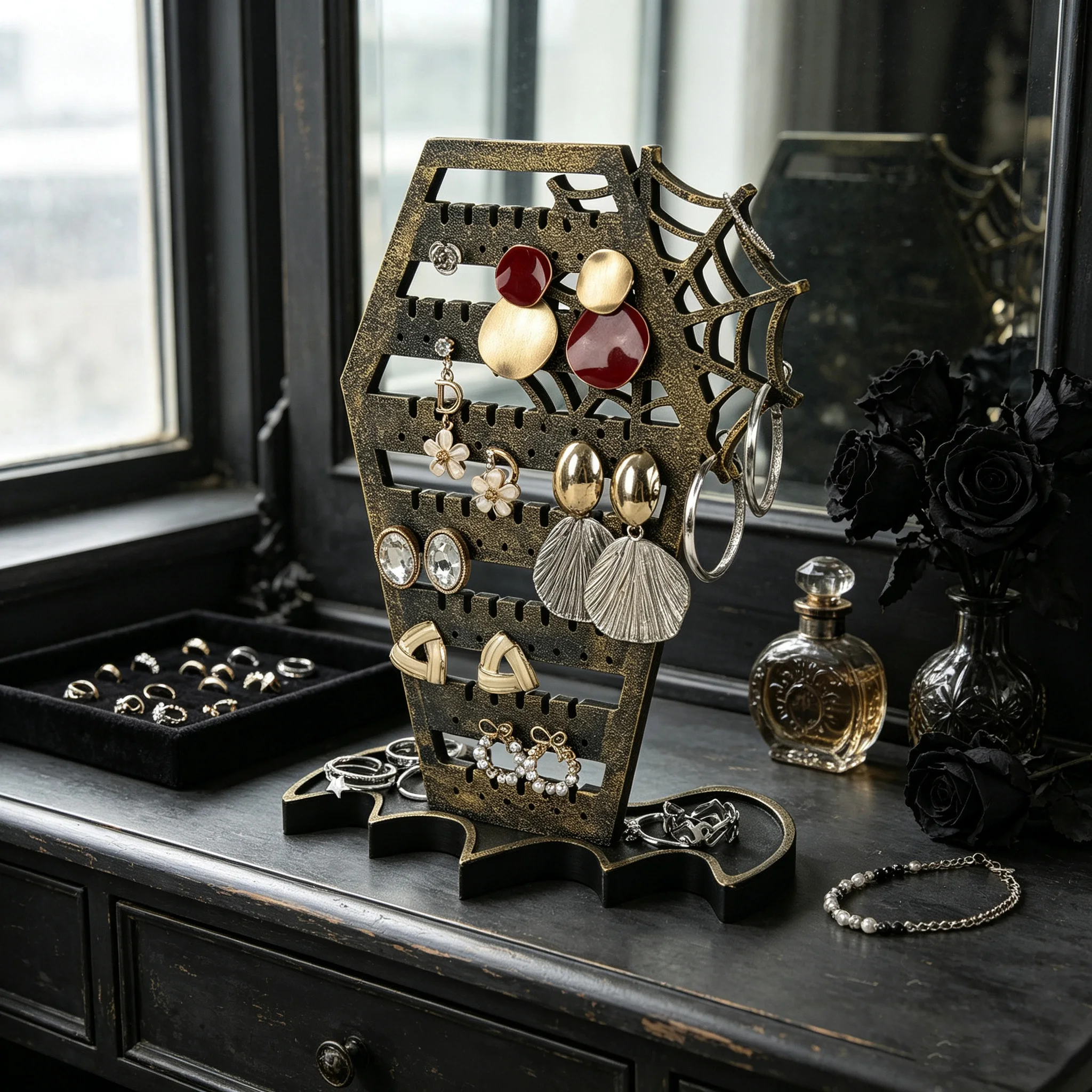 Soporte de madera gótico transfronterizo con diseño de ataúd y telaraña para pendientes, exhibidor de joyas de escritorio para Halloween, organizador de accesorios para collares y pendientes.