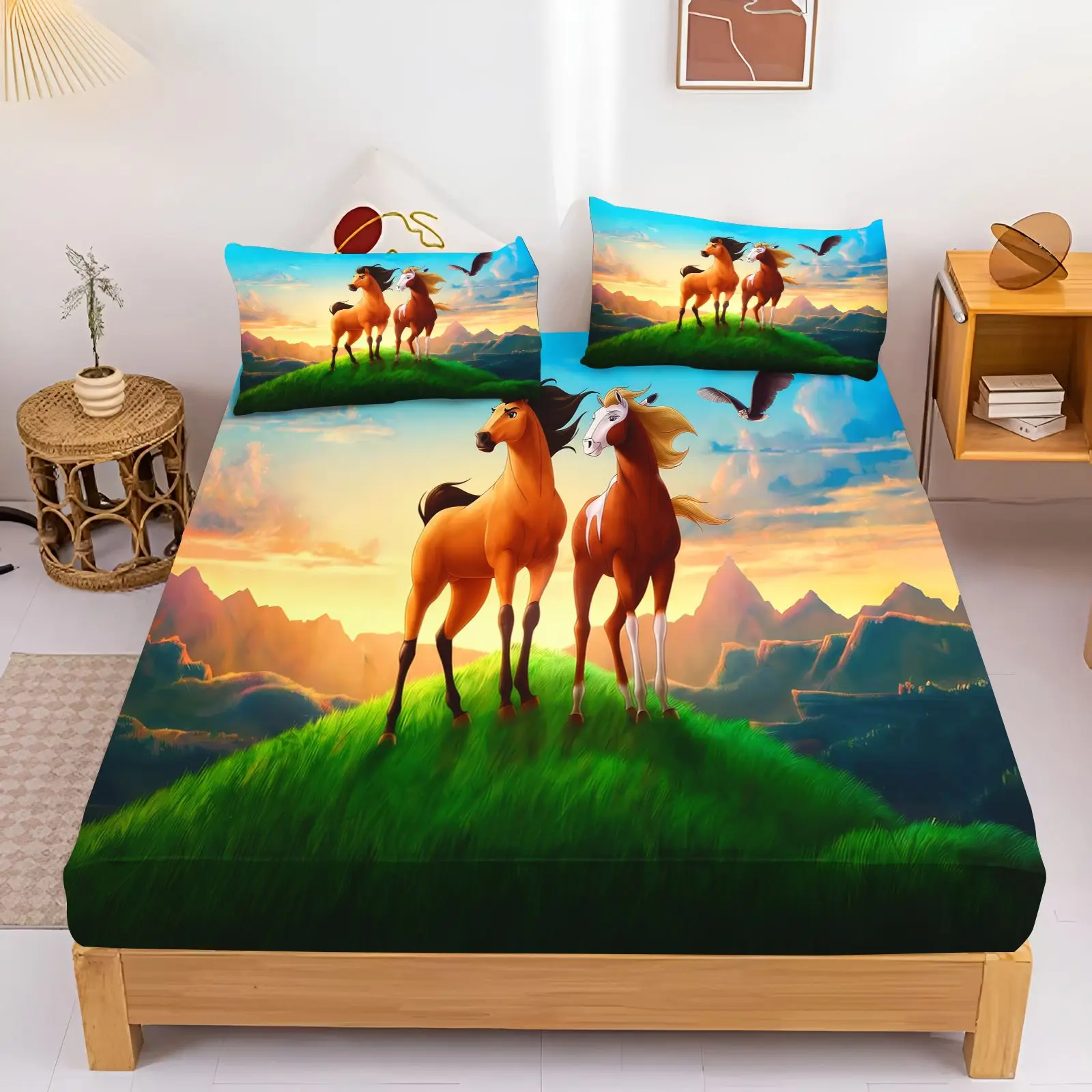 Spirit Stallion Of The Cimarron Fitted Sheet Set Bedding Set Cartoon Running Horses Bed Sheet With Pillowcases Bedroom Decor