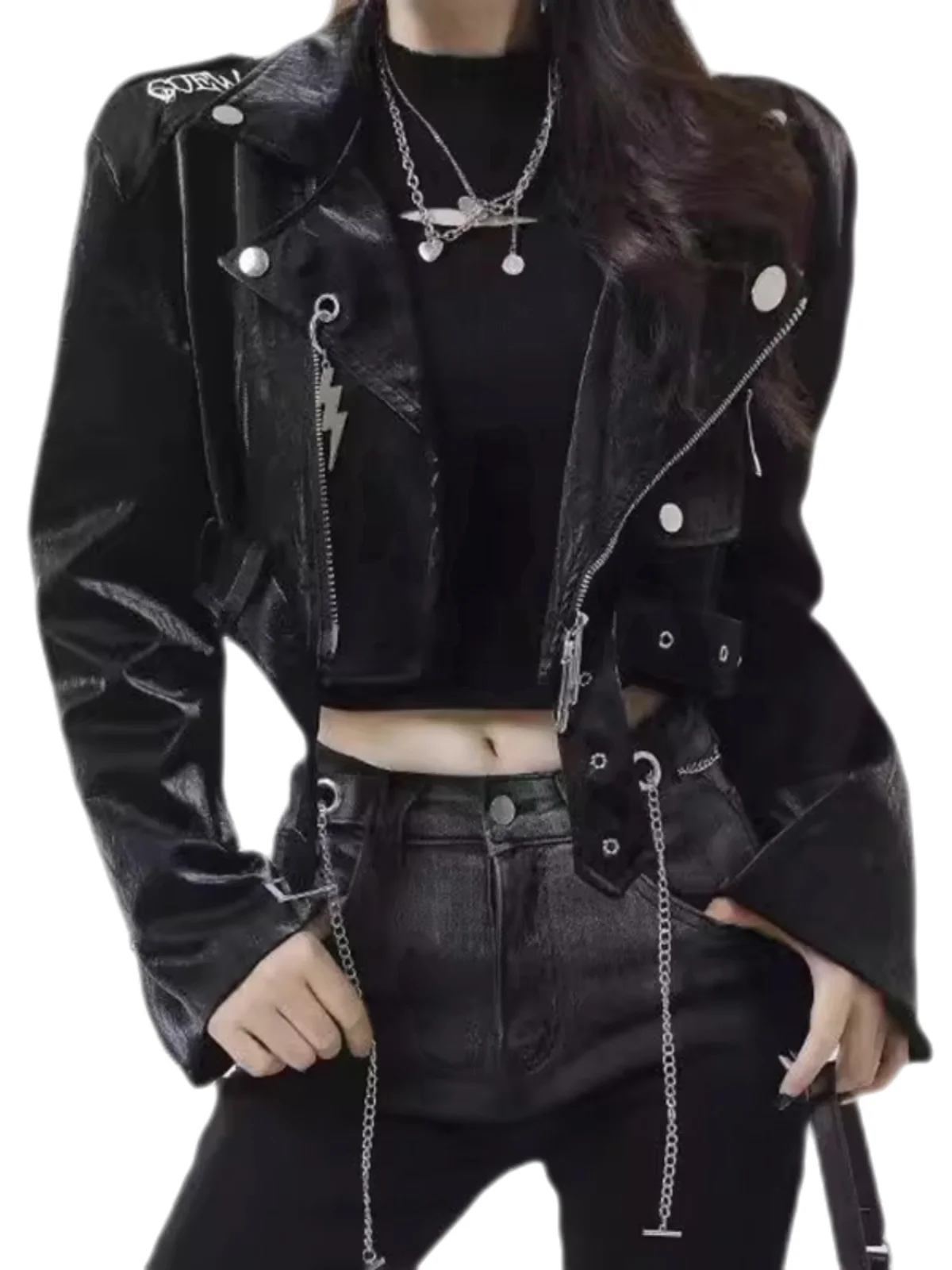 Jaqueta de Couro Sexy para Mulheres, Estilo Fashion, Doce e Picante, Jaqueta de Couro PU com Zíper