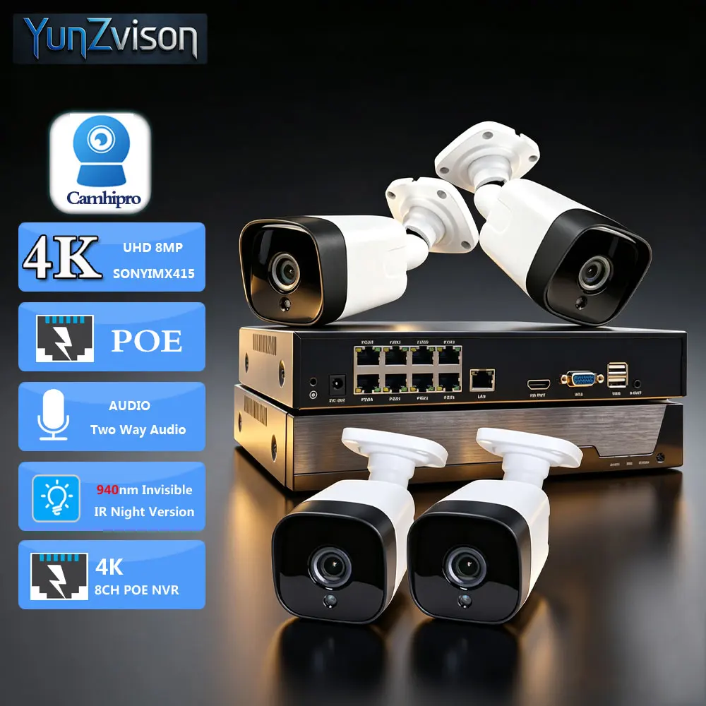 C-R 4K 8CH POE NVR System 8MP/5MP Security POE 3.6mm 940nm Invisible IR Light Two Way Audio Outdoor