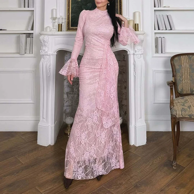 

Fashion Half High Neck High Waist Maxi Dress Sexy Lace Embroidery Solid Evening Dress Women Casual Long Sleeve Long Party Dress