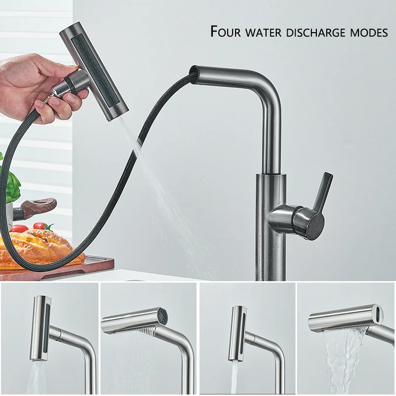 Gun Grey/Chrome Waterfall Kitchen Feiyu Faucet 4 Functions water Pull Out Stream Sprayer Hot Cold Single Hole Deck Mounte