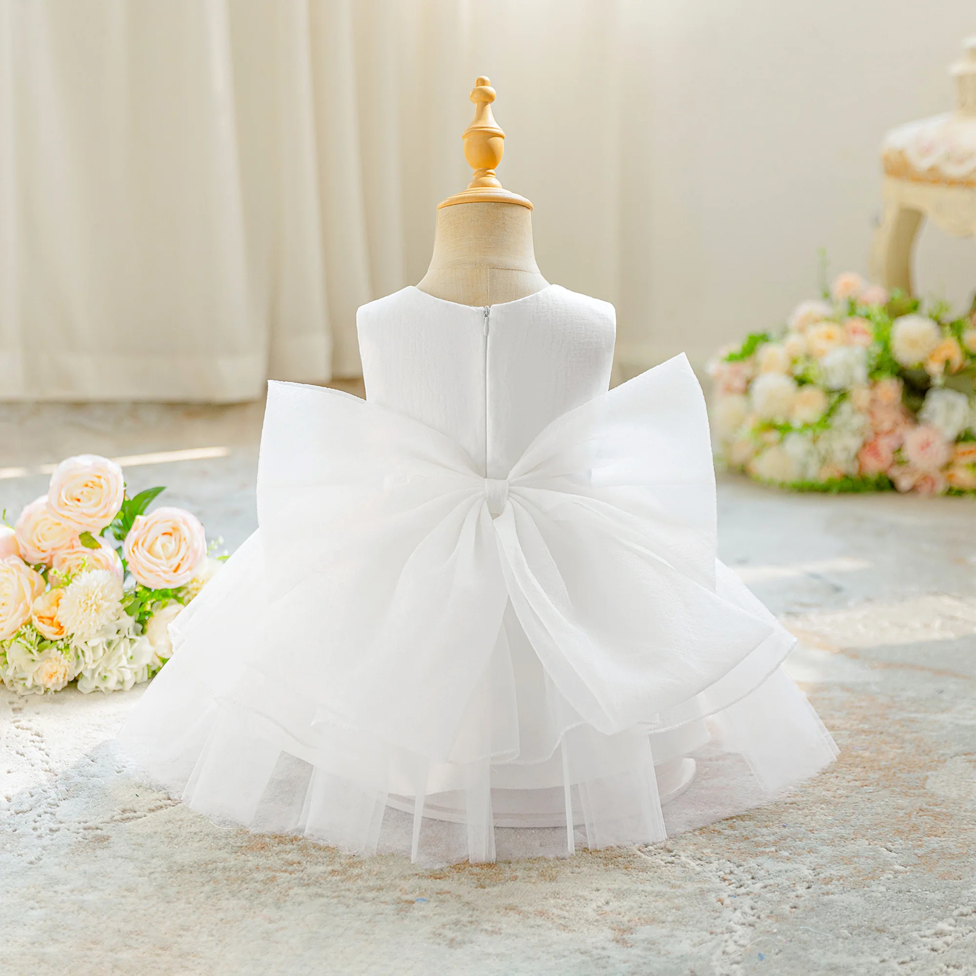 Elegant Baptism Party Baby Girl Dress Toddler Big Bow 1st Birthday Bridesmaids Prom Dresses Girls Lace Wedding Prom Tutu Costume