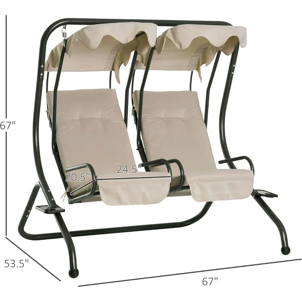 Cadeira de balanço para pátio com 2 assentos separados, planador de balanço externo com dossel removível e porta-copos, para varanda, jardim
