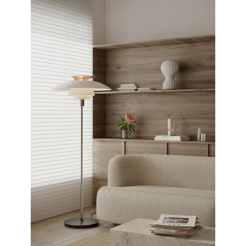 Nordic sofa next to the living room floor lamp, simple modern classic medieval multi-layer design vertical lamp