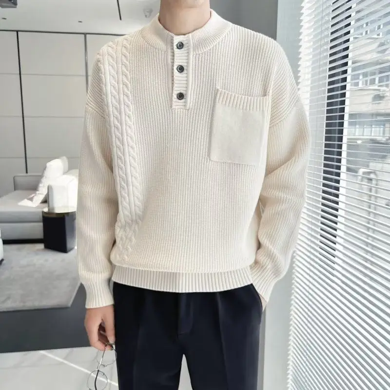 Fashion Stand Collar Button Pockets Solid Color Sweaters Men's Clothing 2023 Winter Loose Knitted Korean Pullovers Casual Tops