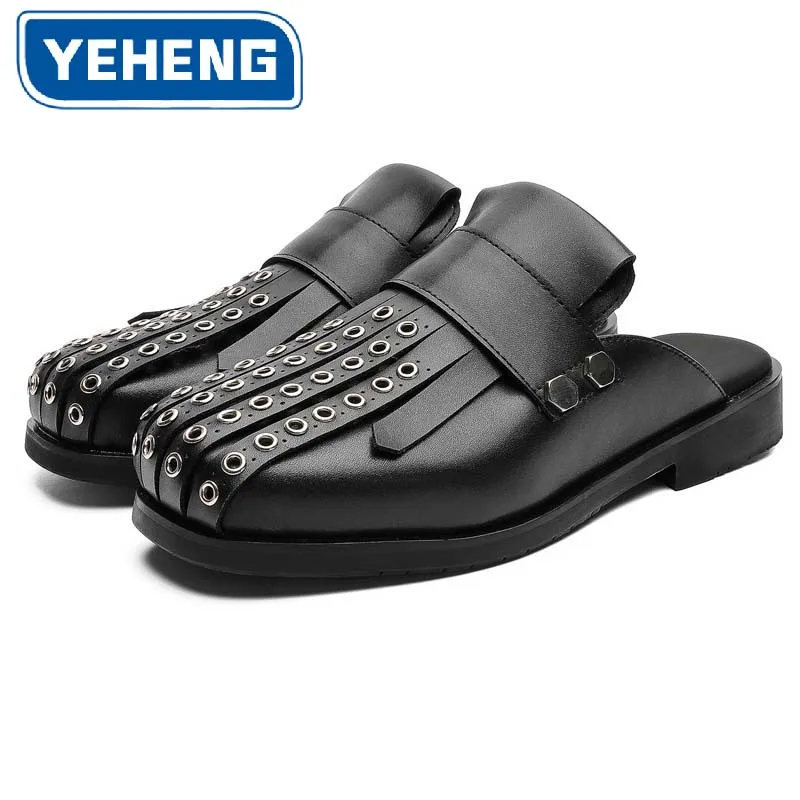 

Punk Metal Eyelet Men's Leather Mules Square Toe Large Size Casual Business Half Slippers Fashion Fringe Loafers Zapatos Hombre