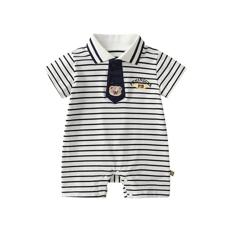 

Летний комбинезон с короткими рукавами и галстуком для маленьких мальчиков, полосатый трикотаж с лацканами в студенческом стиле, костюм для скалолазания из искусственного деталь, костюм для младенцев 0-1 года