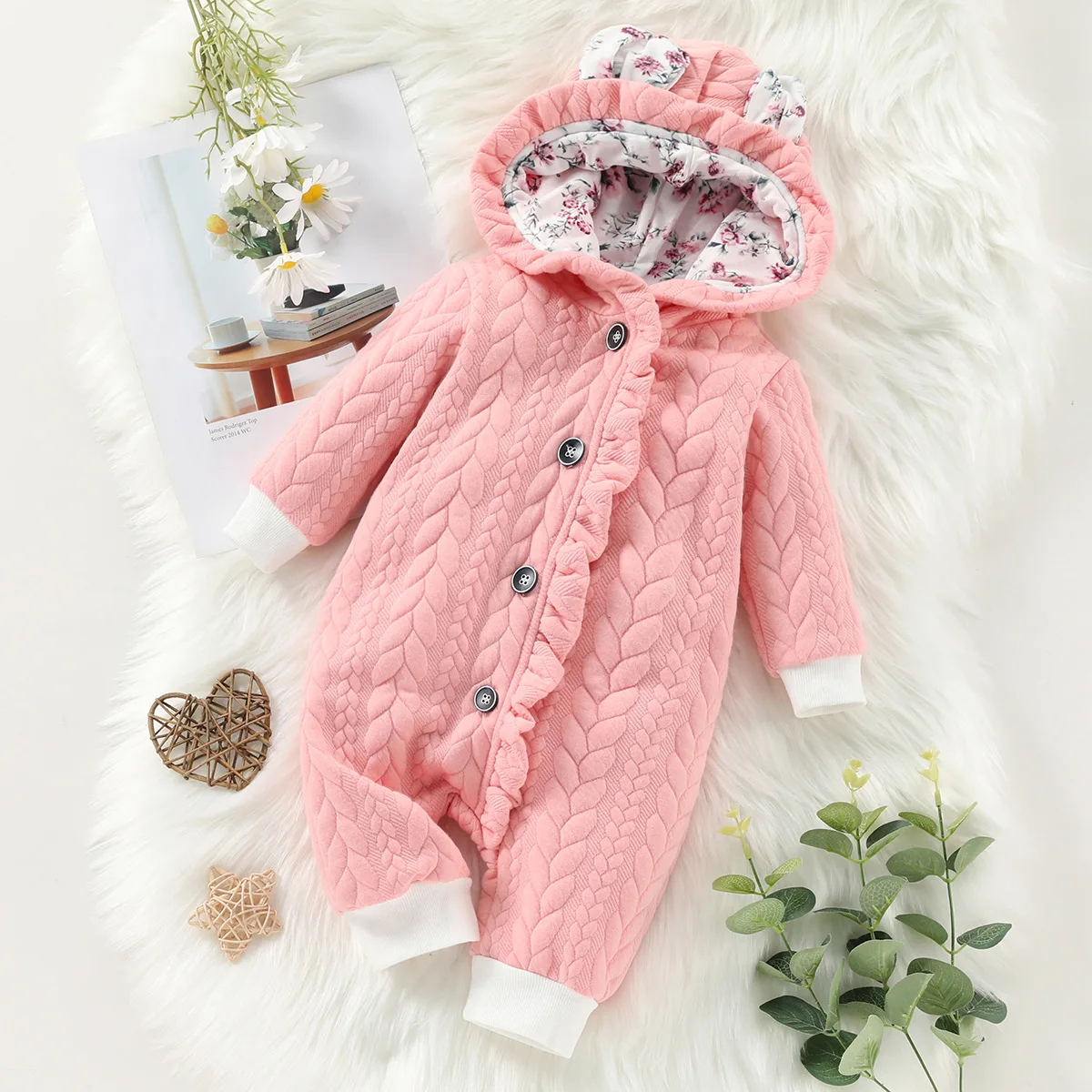 0-18 months Spring and Autumn New Newborn Baby Boys and Girls with Small Flower Ears Single breasted Long sleeved Cute jumpsuit