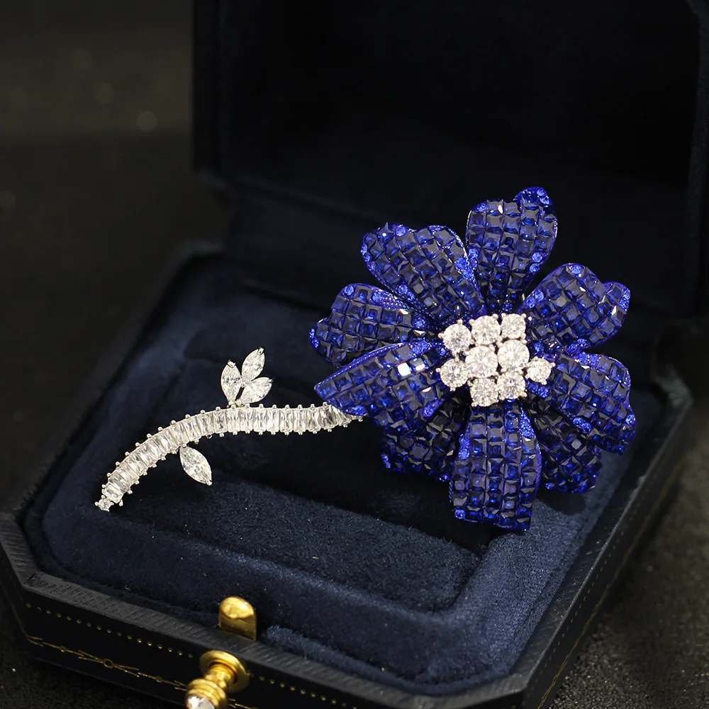 Deep Blue Full Zircon Flower Brooch Sapphire Bouquet Long Lapel Pin for Suit Evening Gown