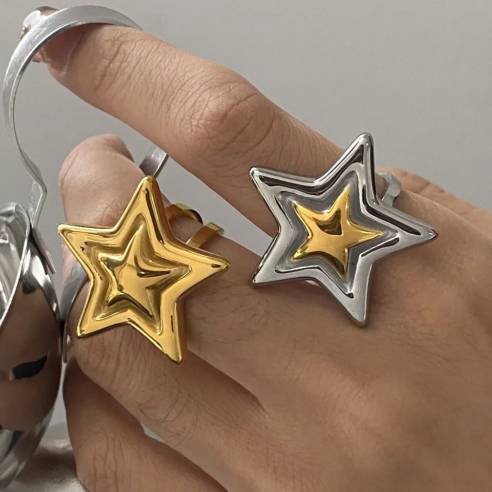 Anillo Abierto Ajustable 3D con Forma de Estrella, Chapado en Oro y Plata, Joyería de Aleación para Uso Diario, Fiestas, Combinaciones y Estilo Urbano