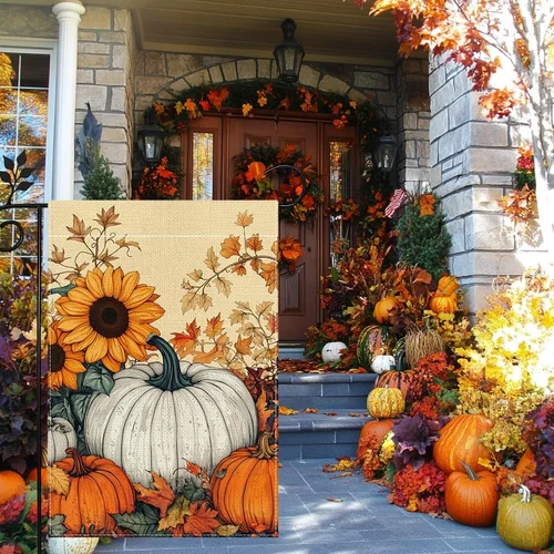 Fall Pumpkin Garden Flag for outside 12X18 Inch Double Sided Burlap Autumn Thank YYZ