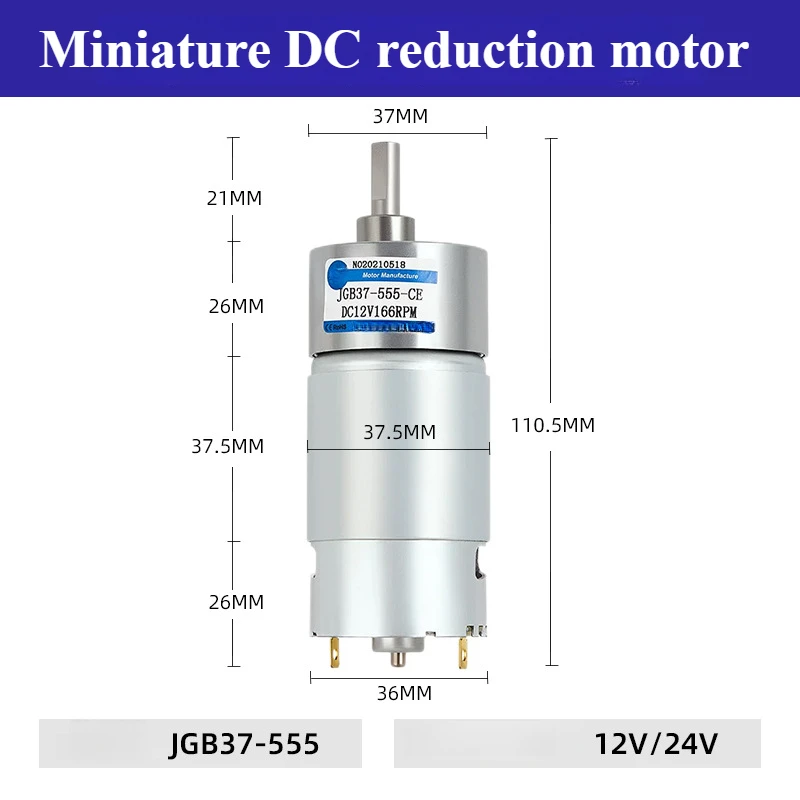 JGB37-555 Micro DC Speed Motor Motor 12V24V Gear Low Speed Motor Can Reverse Rotation