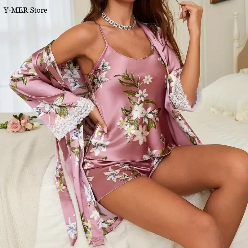 

Розовый пижамный костюм с цветочным принтом, кимоно с кружевной отделкой, халат, атласное нижнее белье, домашняя одежда, женская летняя новая одежда для сна, ночное белье