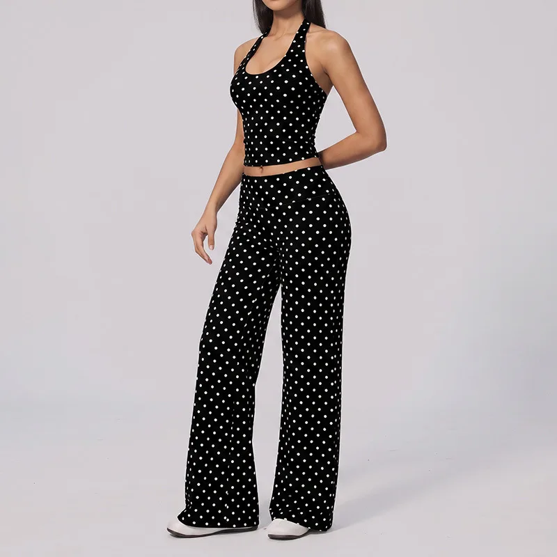 TRY TOBN Polka Dot Yoga Set 2 Pieces Vest Cutout Back Fitness Women's Tracksuit High Waist Leggings Wide-Leg Workout Gym Clothes