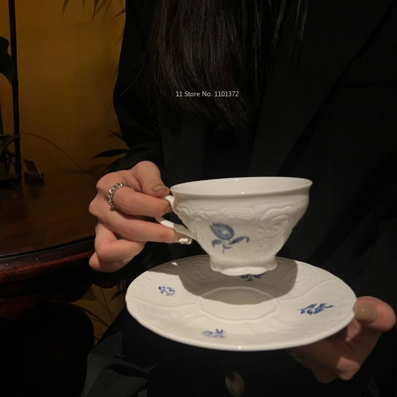 Embossed Craft Blue Lily Cup Disc Ceramic Material Afternoon Tea Cup and Dish Set Coffee Cup and Saucer Household Tableware