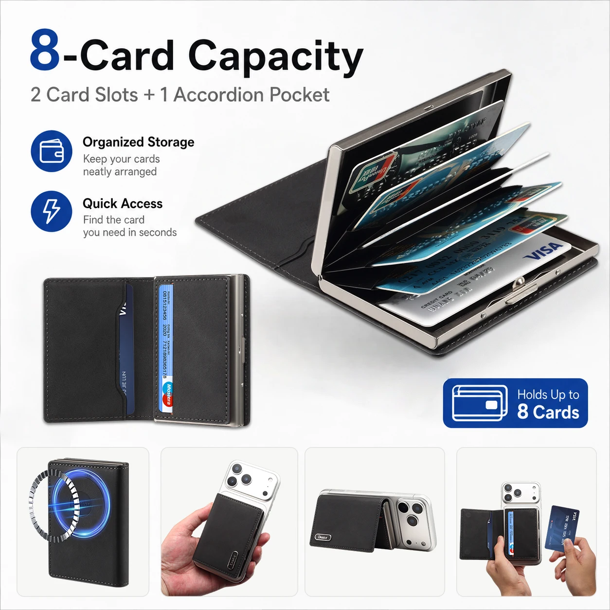 Denior Magnetic Phone Wallet With Textured Faux Leather 2 Card Slots Accordion Pocket Holds 8 Cards Foldable Stand Quick
