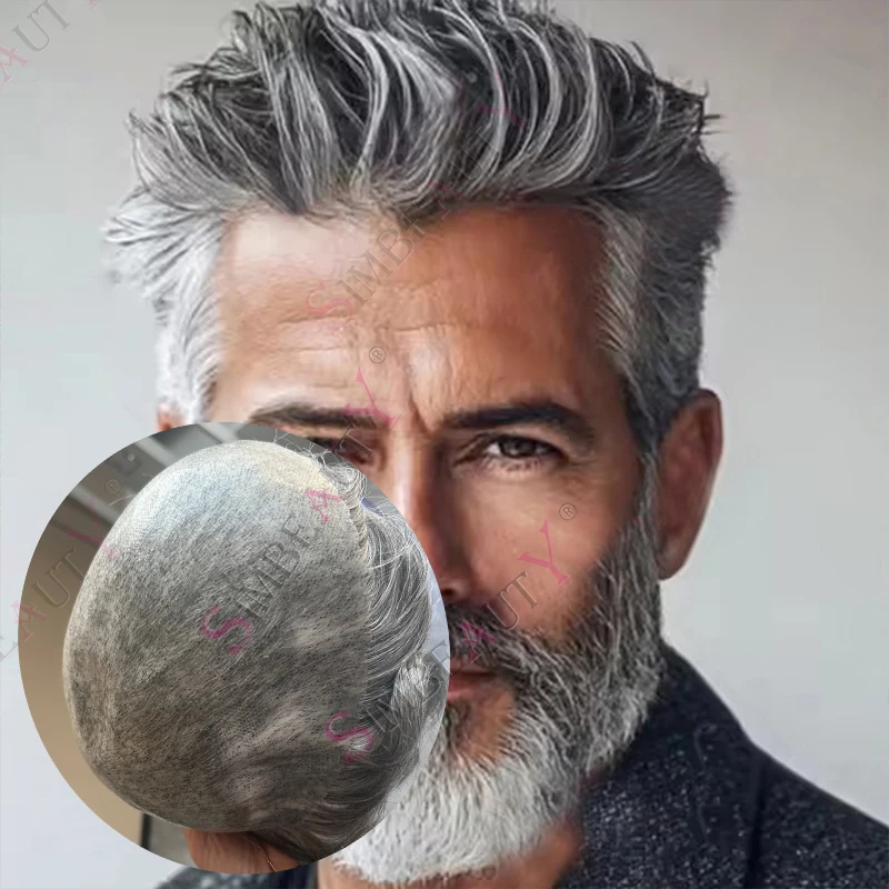 

Super Durable Men Toupee Grey 1B65 1B80 Human Hair Microskin Male Natural Hairline Old Gentlemen Thin Skin Hairpieces Prosthesis