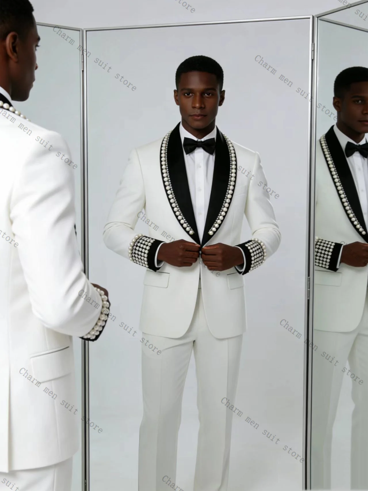 

White Men Suits Set 2 Pcs Crystals Blazer+Cotton Pants Trousers Luxury Wedding Tuxedo Formal Office Business Groom Jacket Coat