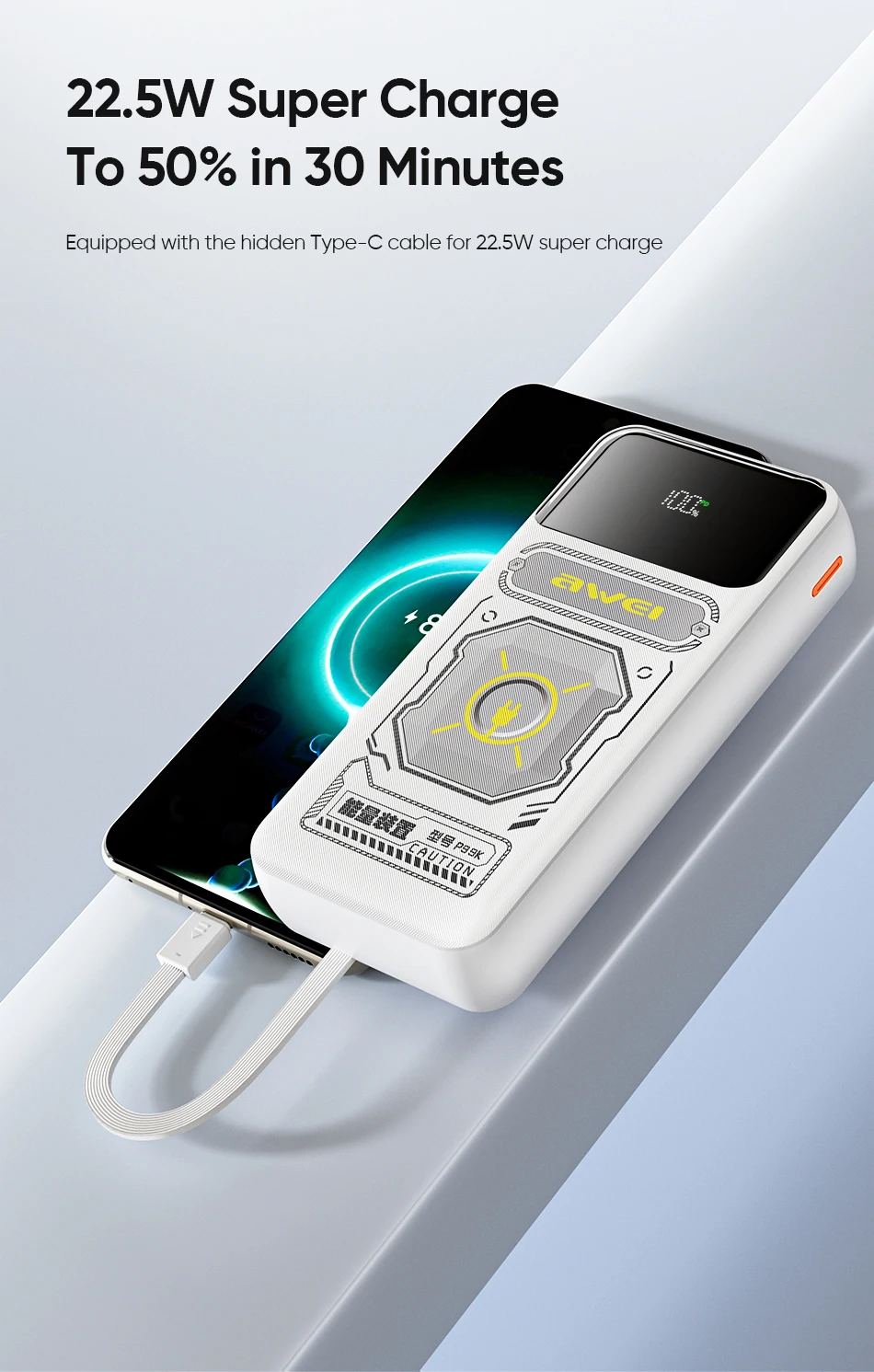 Awei P99K Portable Power Bank 20000mAh With 2 Cable PD 22.5W External Spare Battery Fast Charge Powerbank For IOS and Android