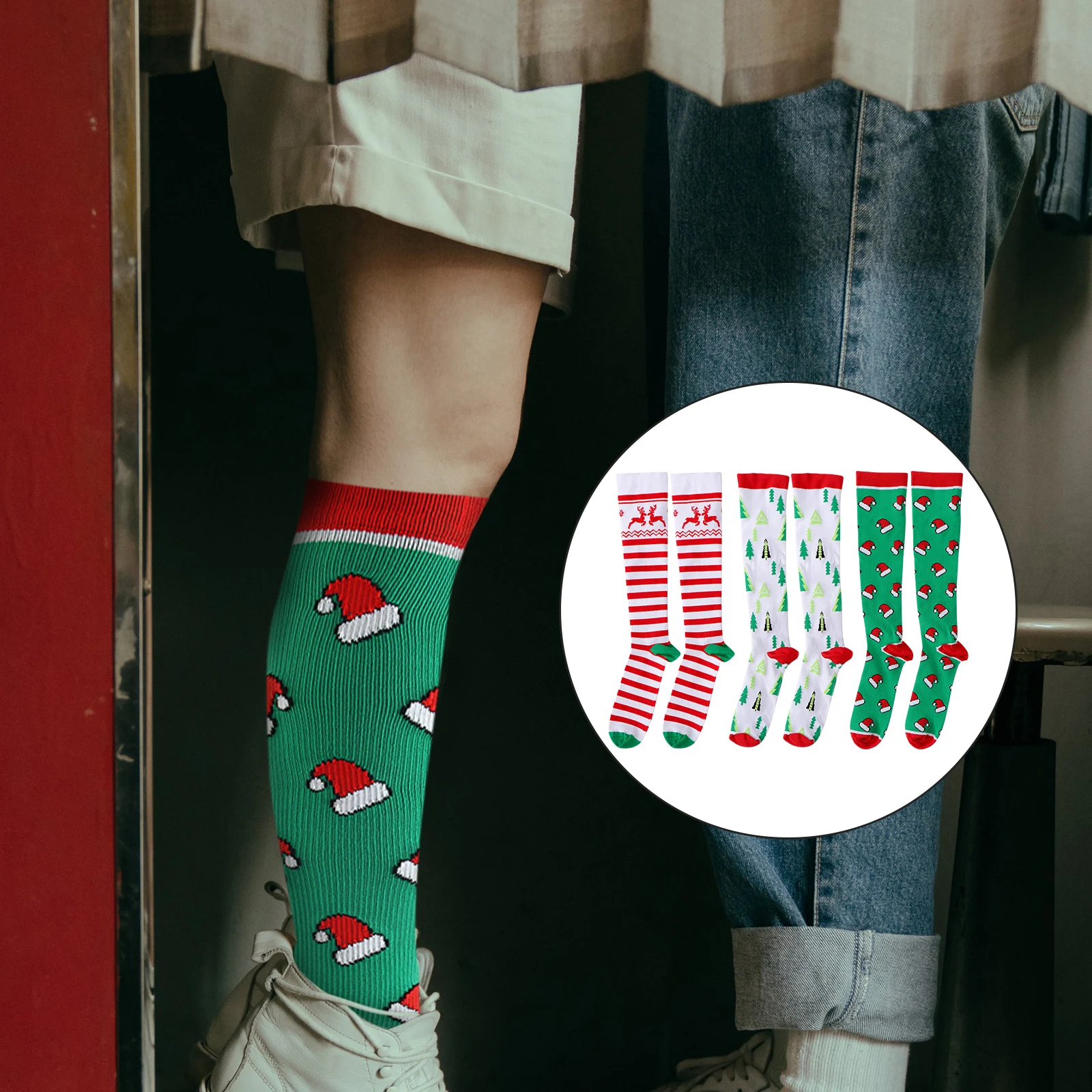 

3pcs 3 Pairs Christmas Compression Socks Nylon Moisture Wicking Long Socks For Running Support Unisex Fit