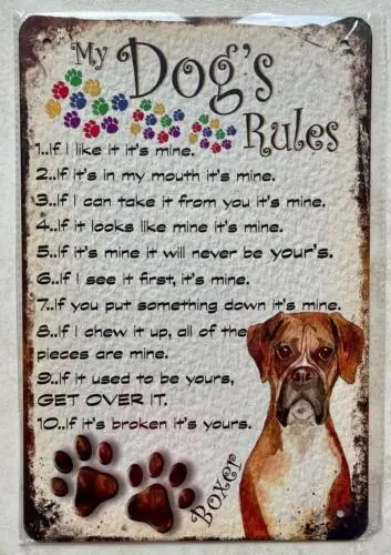 MY DOGS RULES BOXER METAL SIGN GIFT MAN CAVE KITCHEN BAR HOME KENNEL 20x30