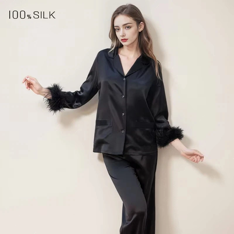Women 19 Momme 100% Mulberry Silk Pajamas Set Feather Trim Luxury Loungewear Outdoor Casual Sleepwear Spring Summer