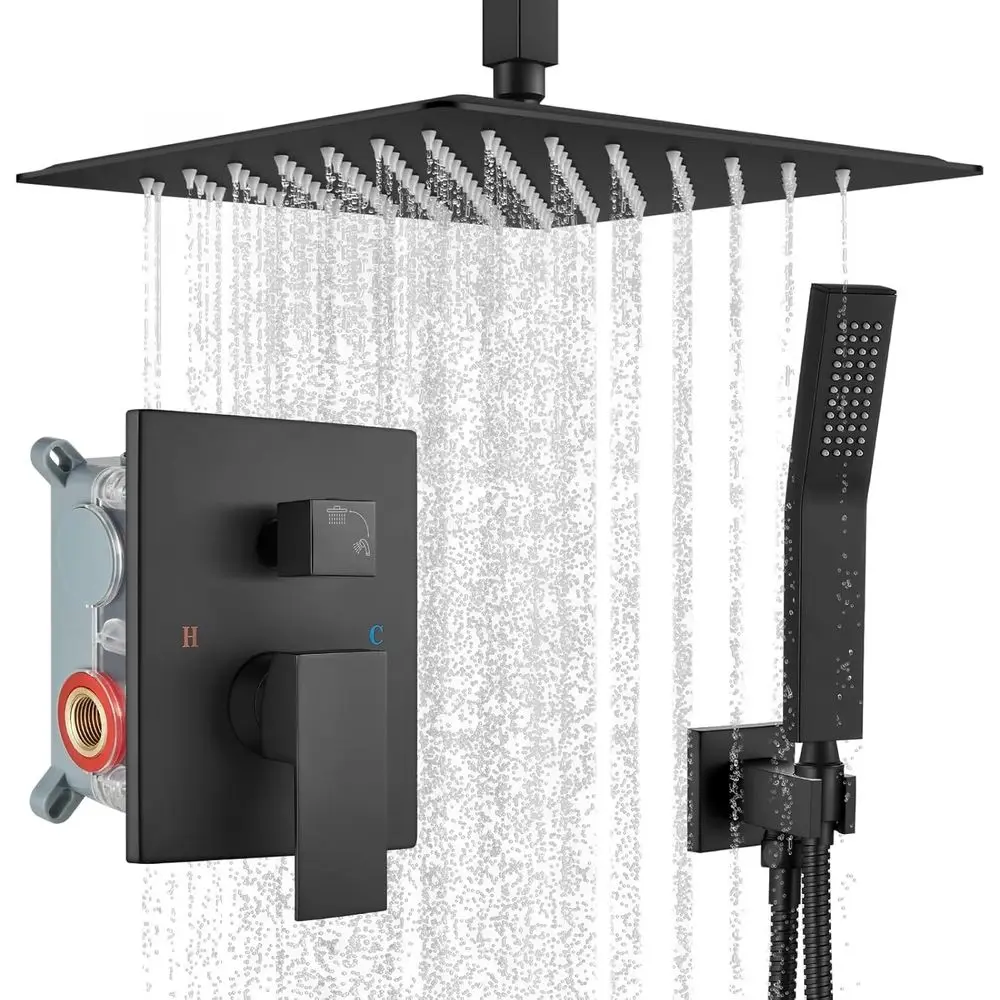 

12-дюймовая матовая черная душевая система для потолочного монтажа с функциями тропического душа и ручного распылителя