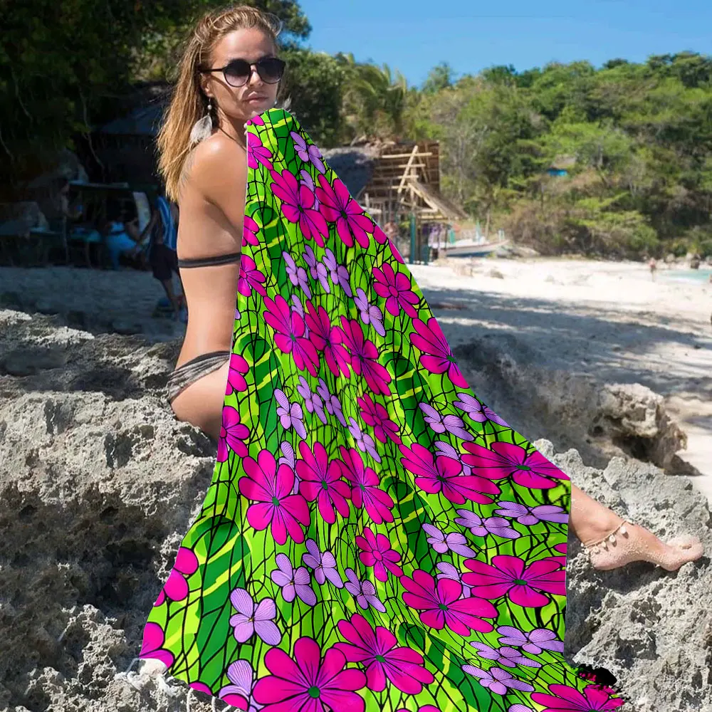 bright pink green flower Quick Drying Microfiber Beach Towel Lightweight for Swimming Camping Yoga - Bath Towel