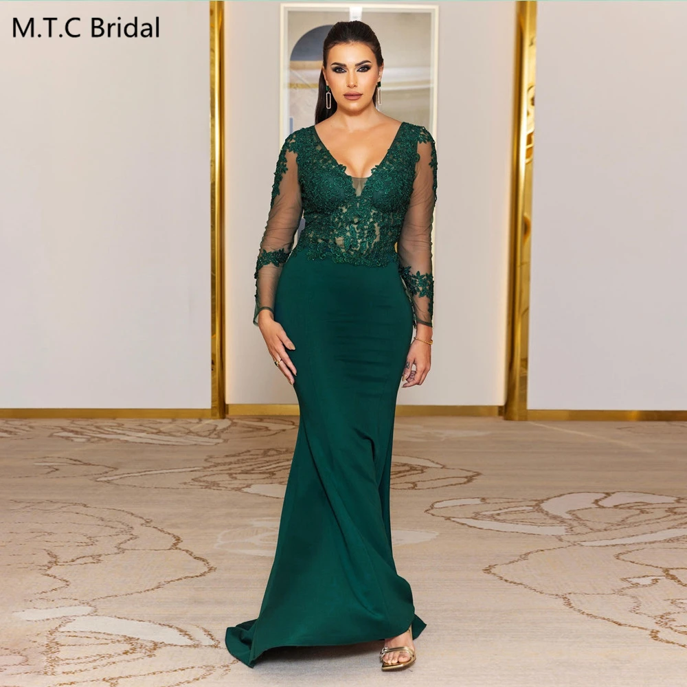 فستان سهرة بحورية البحر باللون الأخضر بأكمام طويلة 2025 أنيق مزين بالدانتيل الوهم من الساتان مناسبة رسمية حسب الطلب