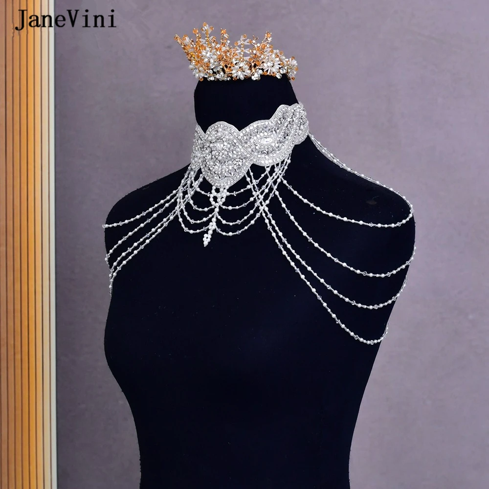 JaneVini Luxury European Rhinestone Bridal Shoulder Necklaces Shawl Crystal Pearls Tassel Body Chain Jewelry Wedding Accessories