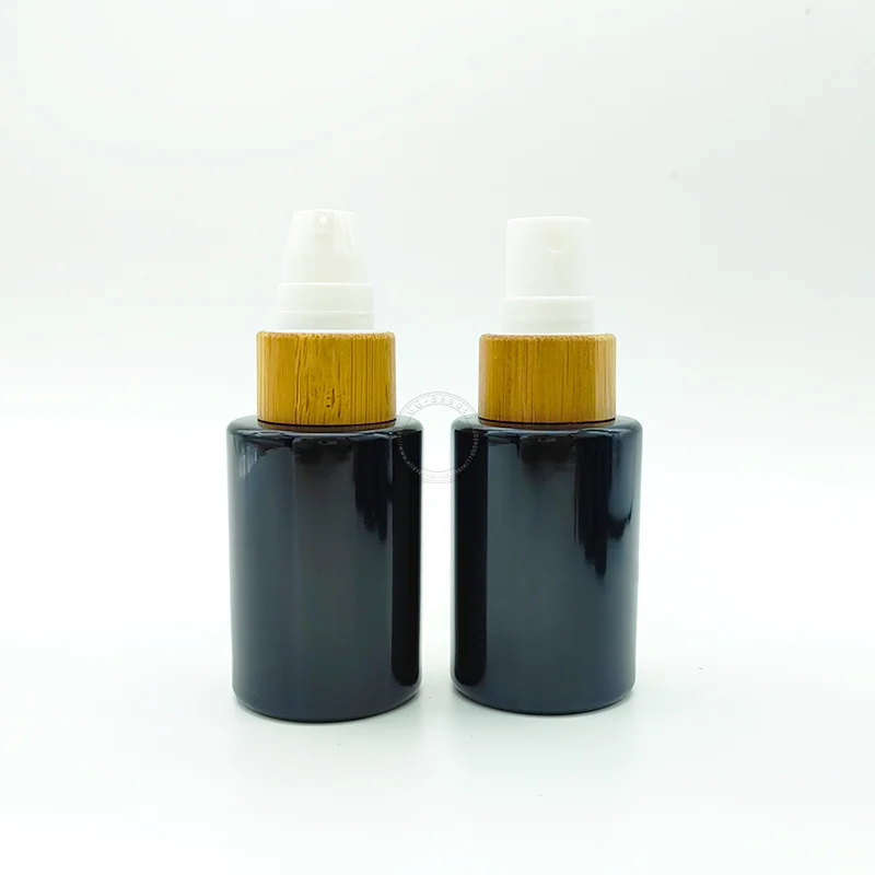 20ML 30ML 40ML 60ML Glossy Black Glass Bottles with Bamboo Disc Top Cap Screw Lid Pipette Dropper Bottle Jar Vials For Perfumes