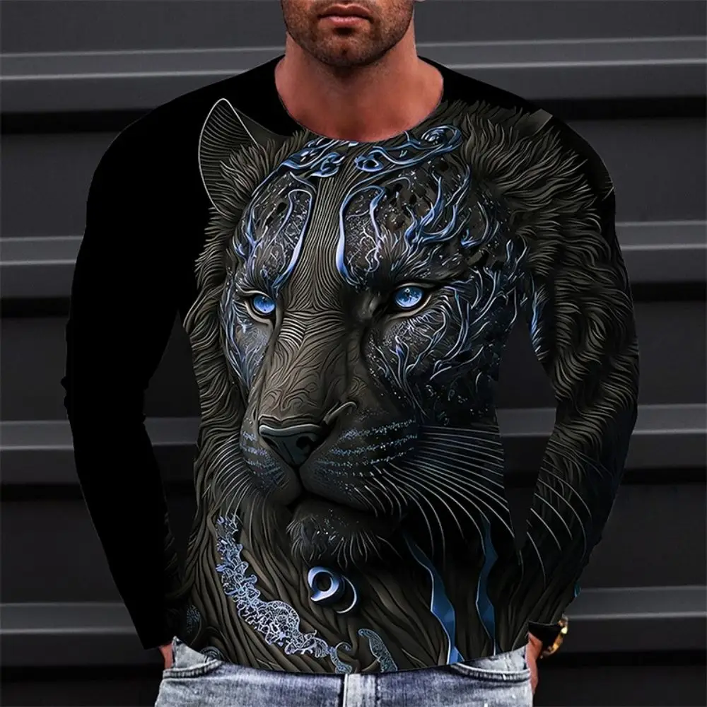 Fashionable 3D Tiger Pattern Printed Men\'s  T-shirt Long Sleeved Round Neck Trendy Hot Sale A High Rate Of Second Glance