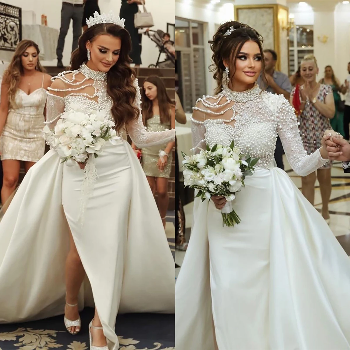 Pearls Beading Mermaid Wedding Dress O Neck Long Sleeve Side Split Vestido Casamento Bridal Gowns with Detachable Train