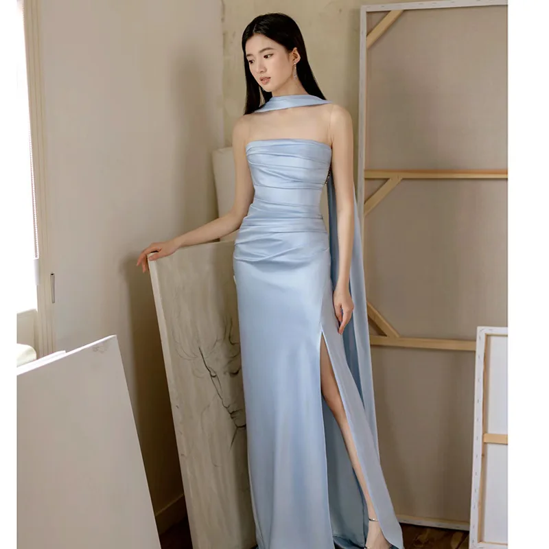 

Blue High-End Cusized Bridal Gown Women's Evening Dr Princ Sve Long Skirt Adult Ceremony Luxury mat